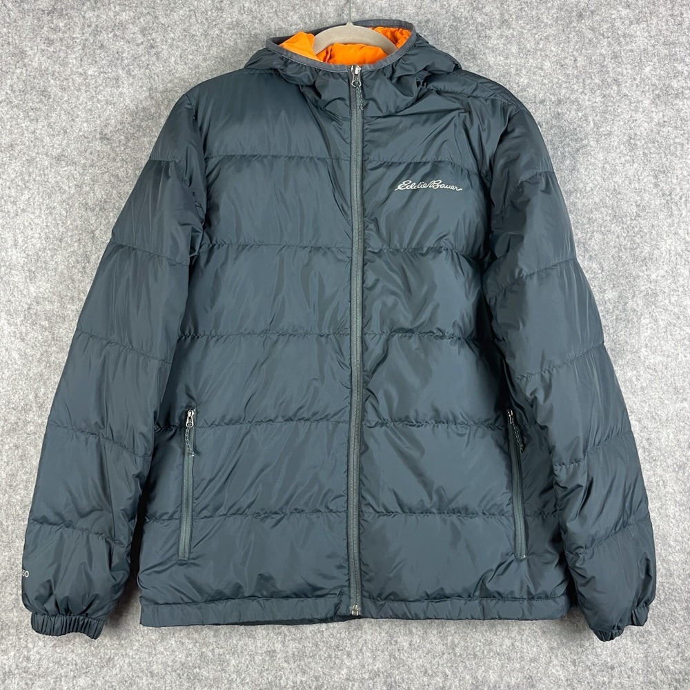 Eddie Bauer Mens Wide Channel Hooded Down Jacket 650 Fill Puffer Medium Blue
